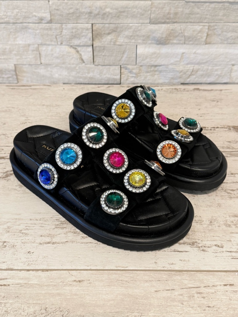 Kurt Geiger London Orson Black Crystal Jewel Stud Ornament Slide Sandals SZ 36.5